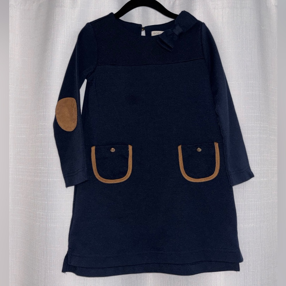Girls Navy Long-Sleeve Dress with Tan Pocket Trim and Elbow Patch